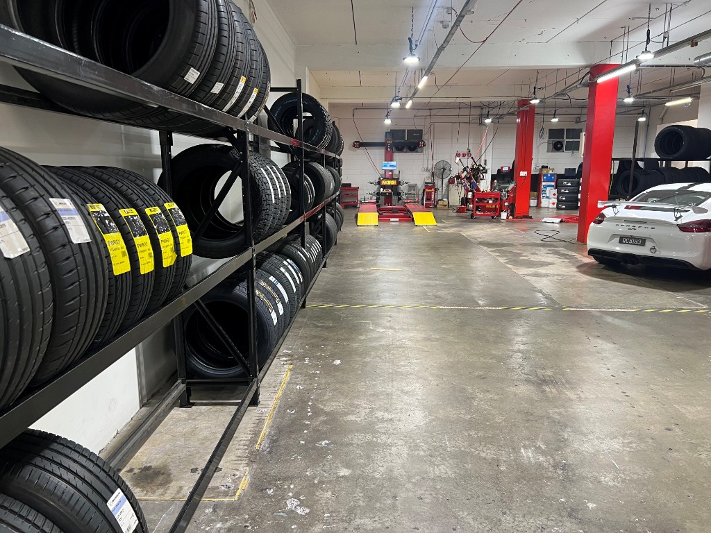 Workshop and tyre racks at The Tyre Clinic Wellington